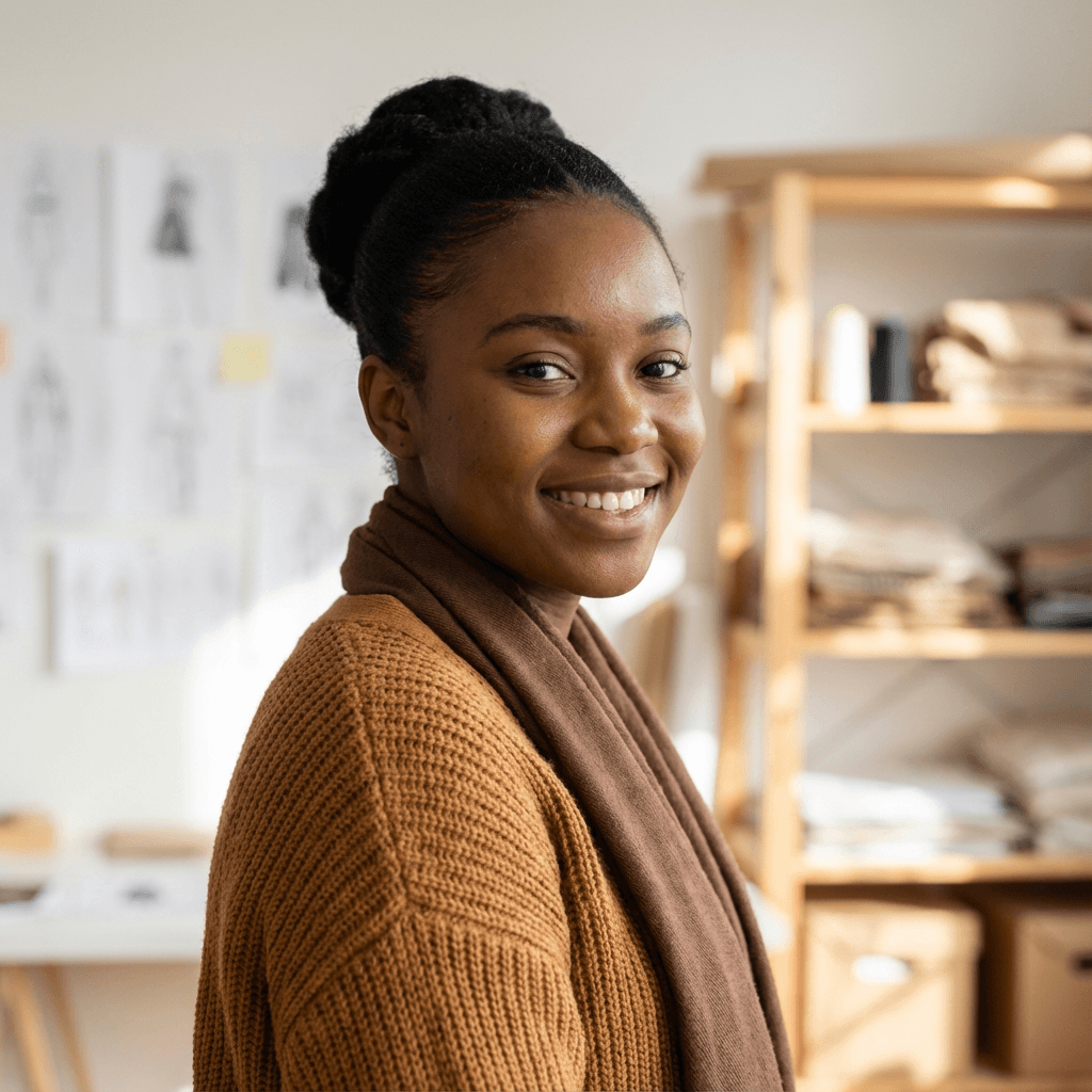 Maya T. smiling in a cozy home office
