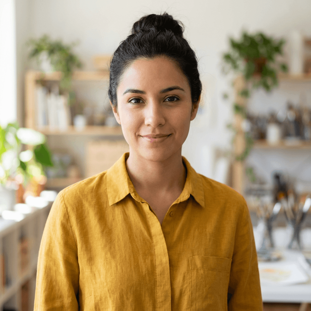 Rachel M. sitting at a sunlit kitchen table