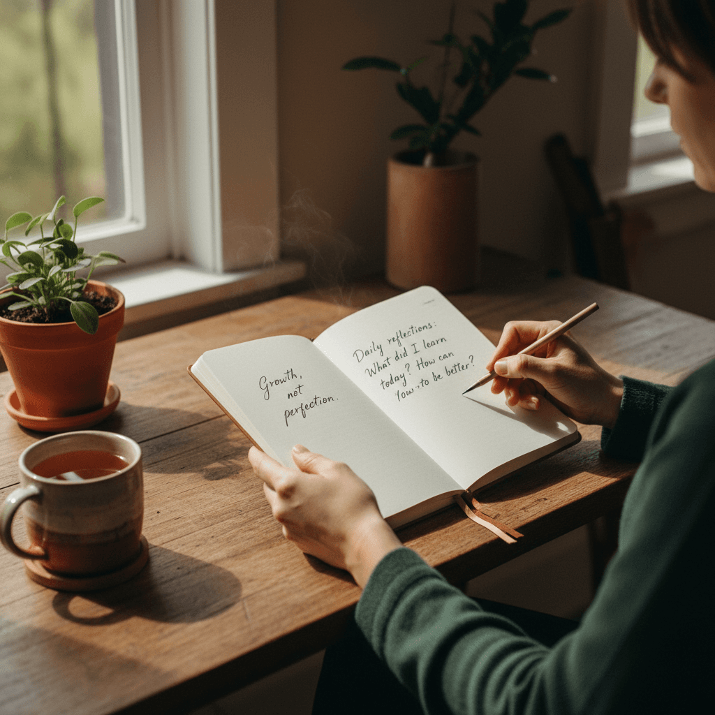 A woman writing in a journal at a wooden desk by a sunlit window in a cozy home