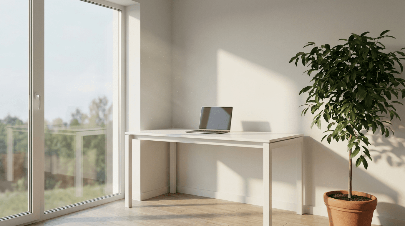 Woman reviewing a document at a home office desk with natural light