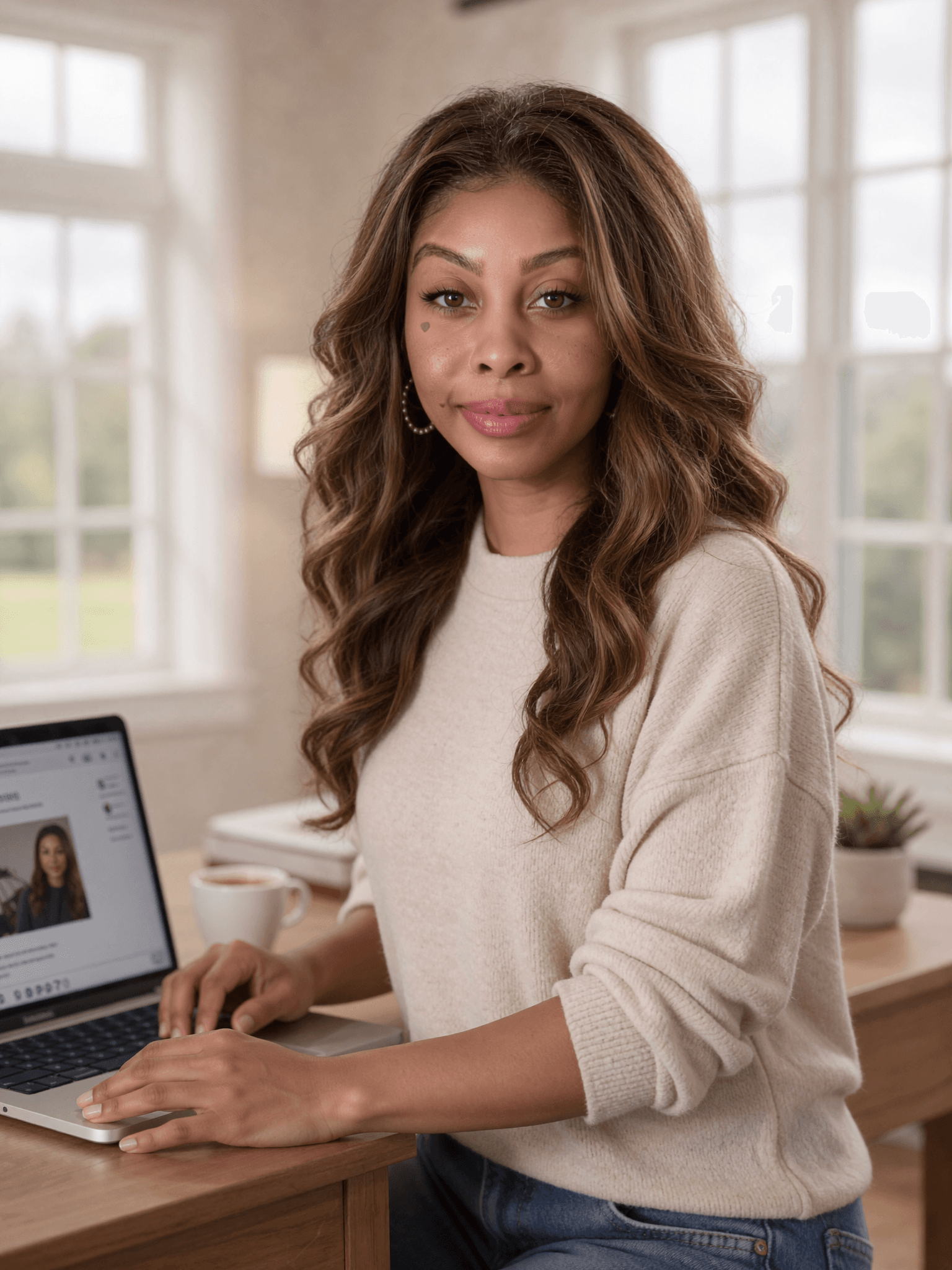 Woman with long wavy hair smiling while working on a laptop at a bright desk.